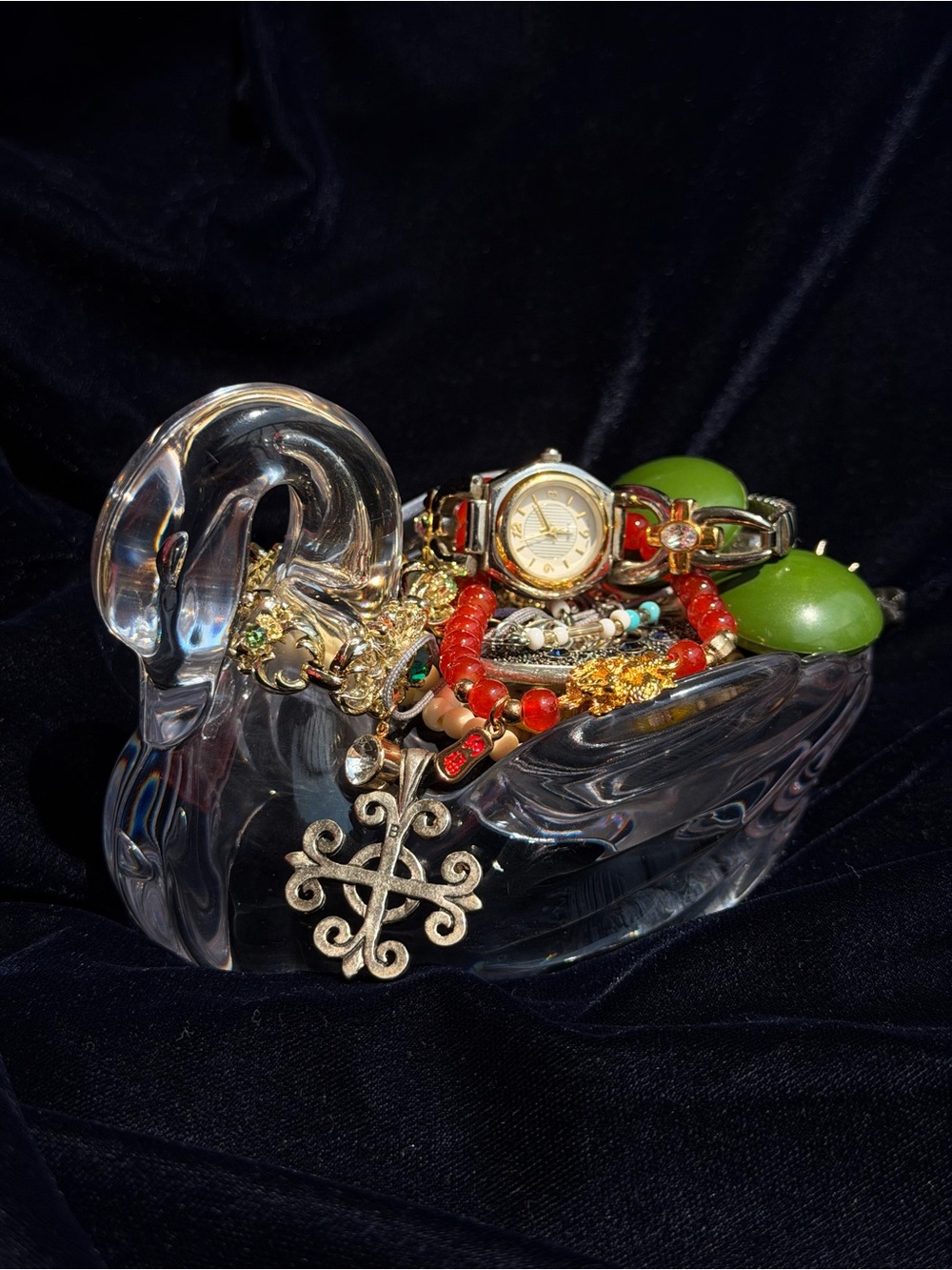 Vintage Lucite Plastic Swan Trinket Dish & Mystery Jewelry Lot 10-12 Pcs